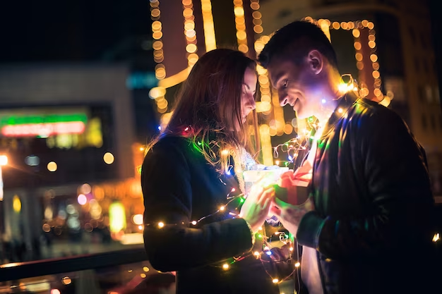 A couple wrapped in Christmas lights