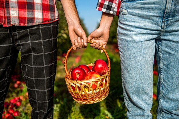 couple with a basket of apples