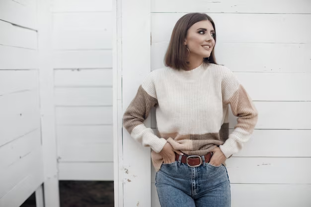 Woman in Cable-Knit Sweater and Jeans